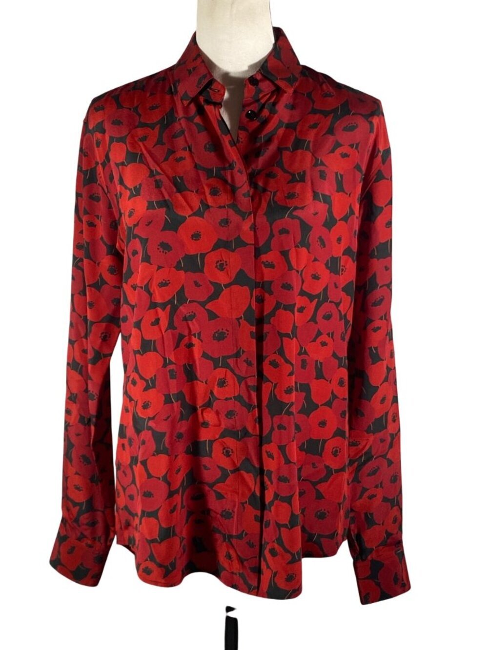 Saint Laurent Red & Black Silk Poppy Print Shirt FR36 Long Sleeves button up